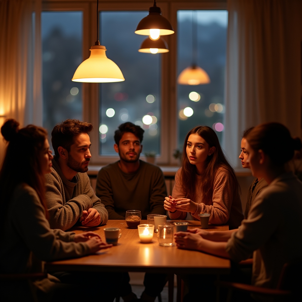 Menschen im Gespräch bei einem Abendtreffen des Pravelto Diskussionsclubs