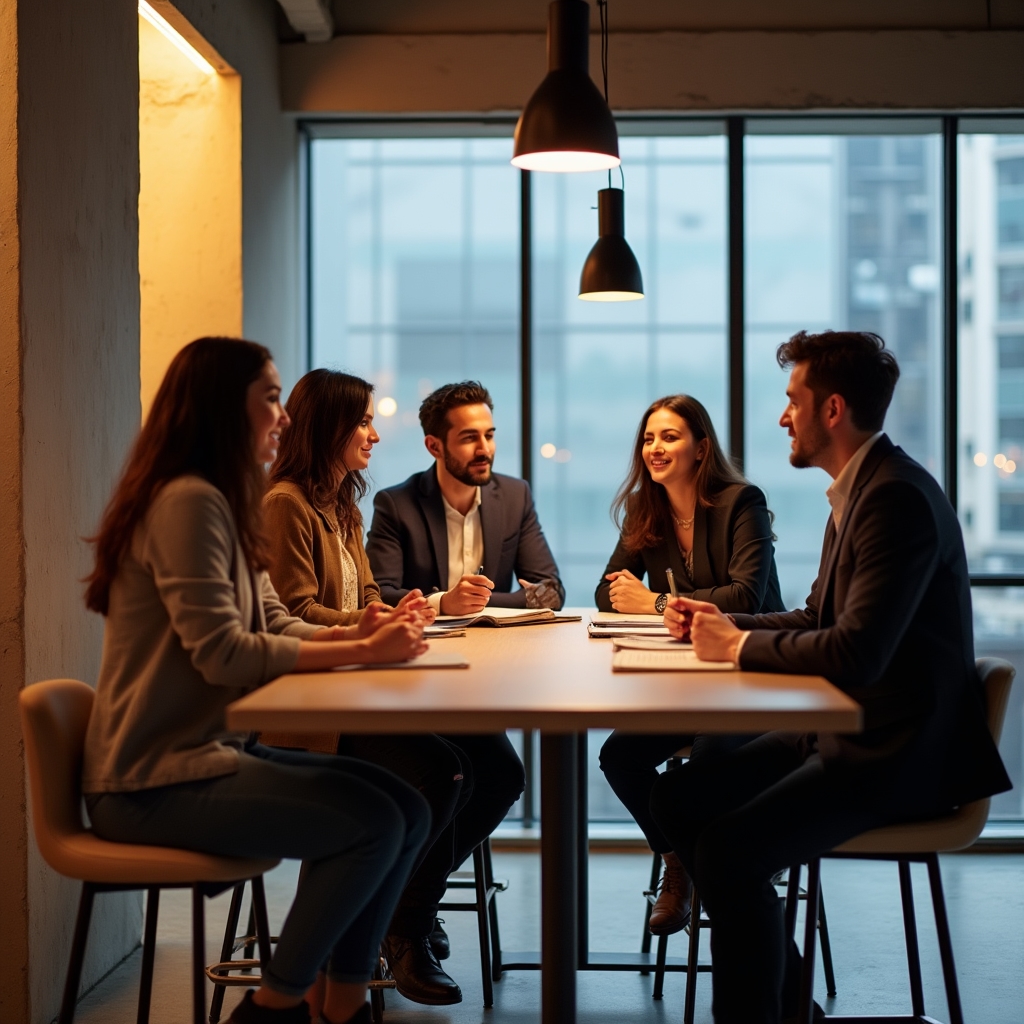 Diverse Gruppe junger Erwachsener am Tisch im Gespräch